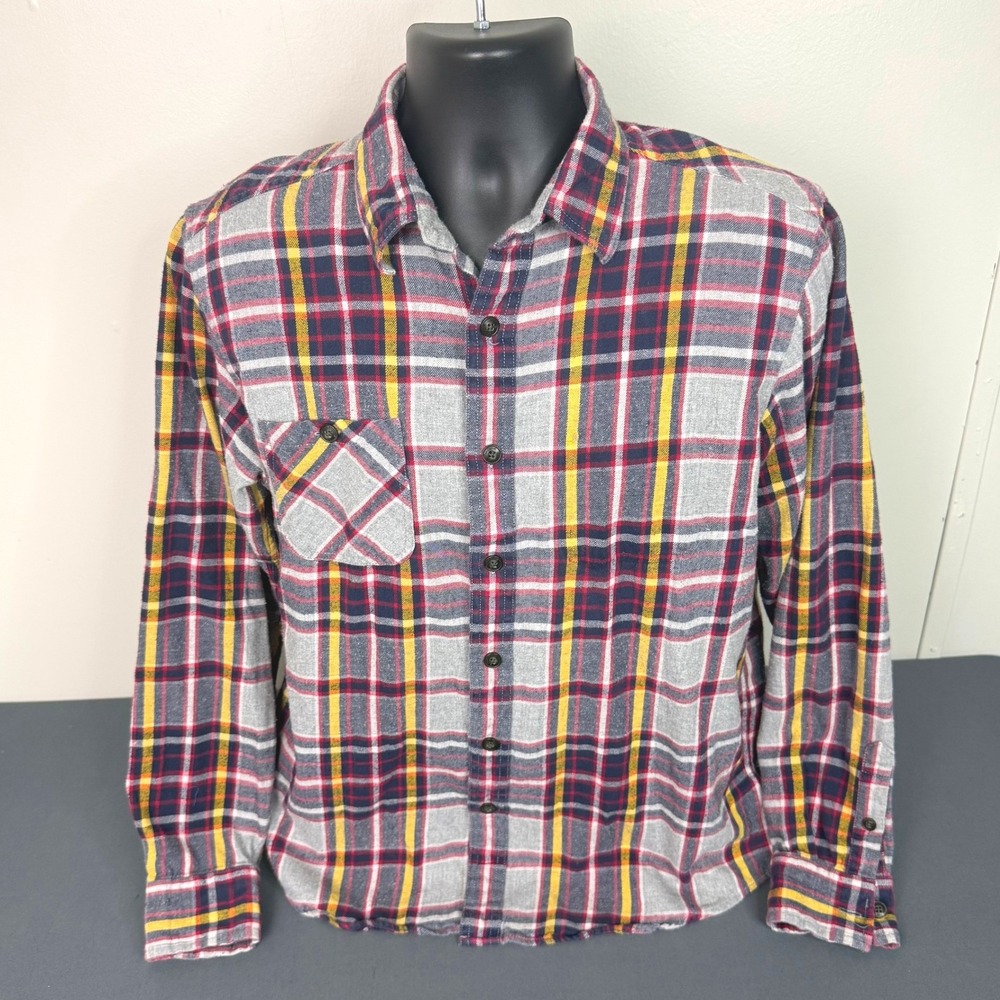 Red Camel Flannel Shirt Mens L Plaid Button Down Long Sleeve Grey Red Yellow